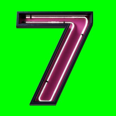 Beyaz Neon ışıklı basamağın 3 boyutlu illüstrasyonu 7 numaralı karakter yazı tipi. Siyah metal kutuda beyaz tüp numarası parıltı efekti. Alttaki pembe plaka 3D görüntüleme ve kırpma yolu için Yeşil Ekran 'a yerleştirildi..