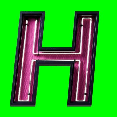 Beyaz Neon ışıklı alfabe karakteri Capital H harfinin 3 boyutlu çizimi. Neon tüpü büyük harfi. Siyah metal kutuda beyaz parıltı efekti..