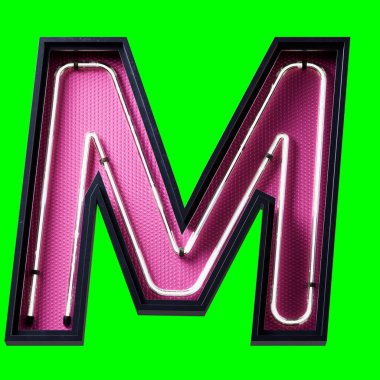 Beyaz Neon ışıklı alfabe karakteri Büyük harf M. Neon tüp Capital harfi. Siyah metal kutuda beyaz parıltı efekti. Pembe alt plaka 3D görüntüleme ve kırpma yolu için Yeşil Ekran üzerinde..