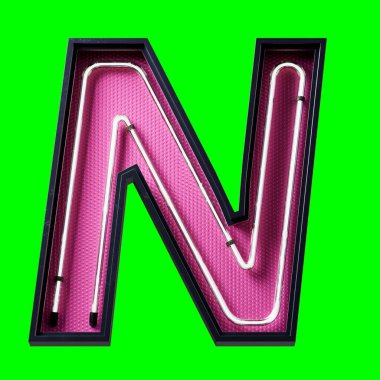 Beyaz Neon ışık alfabesi karakterinin 3 boyutlu çizimi. Büyük harf N. Neon tüp Capital harfi. Siyah metal kutuda beyaz parıltı efekti. Pembe alttaki 3D görüntüleme ve kırpma yolu için Yeşil Ekran 'da..