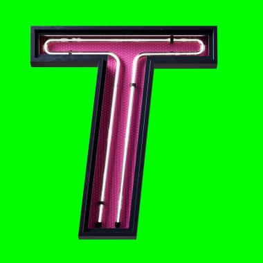Beyaz Neon ışıklı alfabe karakteri Capital T. Neon tüpü Capital harfi Büyük harf White Işıltı efekti Siyah metal kutuda Pembe alt plaka 3D görüntüleme Yeşil Ekran üzerinde çekim ve kırpma yolu için.