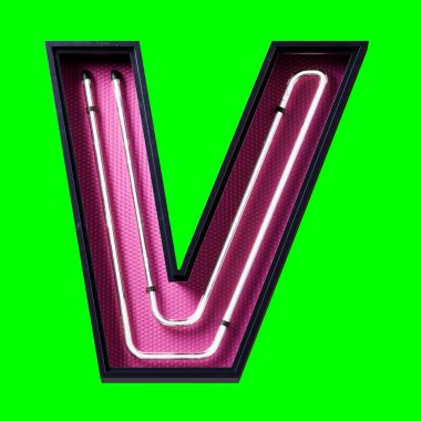 Beyaz Neon ışıklı alfabe karakteri Büyük harf V. Neon tüp Capital harfi. Siyah metal kutuda beyaz parıltı efekti. Pembe alt plaka 3D görüntüleme ve kırpma yolu için Yeşil Ekran üzerinde..