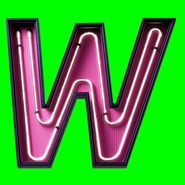 Beyaz Neon ışık alfabesi karakterinin üç boyutlu bir çizimi. Büyük harf W. Neon tüpü büyük harf. Siyah metal kutuda beyaz parıltı efekti..