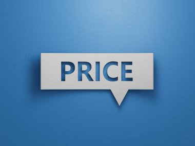 Mavi duvar arkaplanındaki fiyat metni. 3d illüstrasyon