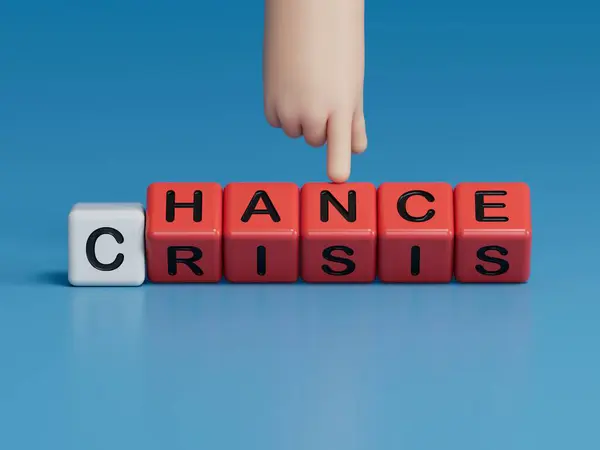 Das Wort Krise Und Ein Spielzeugwürfel Auf Blauem Hintergrund Abbildung — Stockfoto