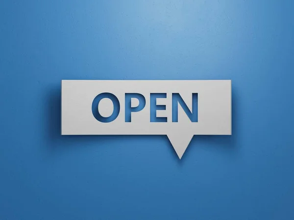 Μπλε Πόρτα Ανοιχτή Πινακίδα Ανοιχτή Λέξη Απομονωμένη Λευκό Φόντο — Φωτογραφία Αρχείου