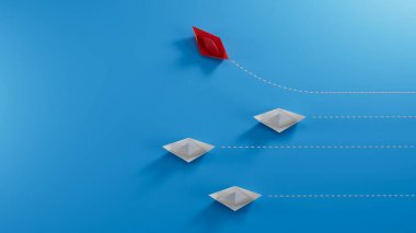Kağıt teknenin üst görüntüsü - kağıttan origami farklı bir yöne doğru uçuyor ve mavi arkaplanda diğer beyaz kağıt tekneleri bırakıyor.3D.