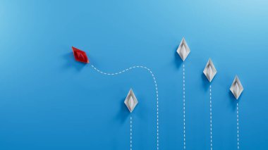 Farklı bir iş konsepti. Kırmızı kağıt tekne beyaz kağıt tekneden yön değiştiriyor. Yeni fikirler. Kağıt sanatı. yaratıcı fikir. Mavi arkaplanda 3D görüntüleme.