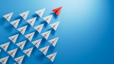 Kırmızı kağıt uçak labirenti mavi arka planda kırıyor, engelleri aşma kavramı, gol, 3D hedefleme.