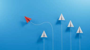 Farklı bir iş konsepti. Kırmızı kağıt uçak beyaz kağıt uçaktan yön değiştiriyor. Yeni fikirler. Kağıt sanatı. yaratıcı fikir. Mavi arkaplanda 3D görüntüleme.