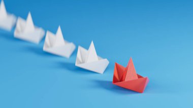 Farklı iş anlayışı. Yeni fikirler. Kağıt sanatı. Yaratıcı fikir. Kırmızı kağıt gemiyle liderlik kavramı, beyaz 3D arasında yol gösteriyor. Mavi arka planda görüntüleniyor..