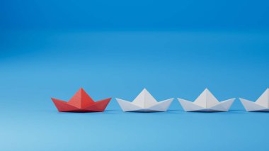 Farklı iş anlayışı. Yeni fikirler. Kağıt sanatı. Beyaz teknelerin arasında liderlik kavramı. Mavi arka planda 3 boyutlu..