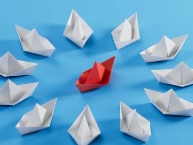 Farklı iş anlayışı. Yeni fikirler. Kağıt sanatı. Yaratıcı fikir. 3D illüstrasyon kağıdı gemi ve mavi arka planda 3D liderlik kavramı..