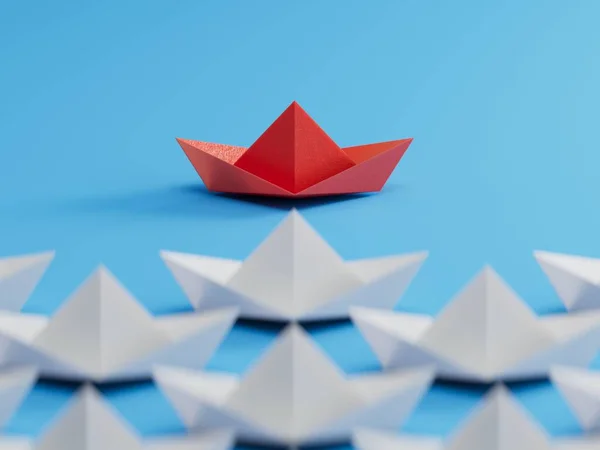 Different business concept.new ideas. paper art style. creative idea.Set of origami boats. Leadership concept.3D rendering on blue background.