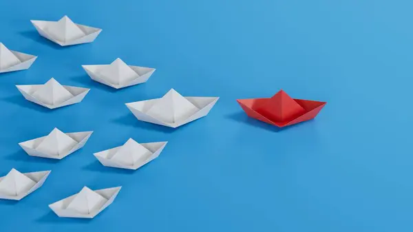 Different business concept.new ideas. paper art style. creative idea.Red and white paper boat. Leadership concept.3D rendering on blue background.