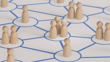 Birbirine bağlı halkalardaki renkli ahşap piyonlara yakın çekim. İlişki kavramı. Beyaz arkaplanda 3D görüntüleme.