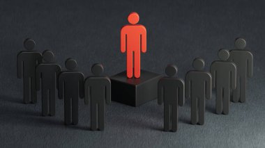 3 boyutlu insan figürü ve siyah arka planda duran insanlar..