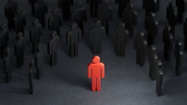 Kalabalığın önünde duran kalabalık, 3 boyutlu illüstrasyon, insan konsepti, liderlik, topluluk, sosyal uzaklık, covid