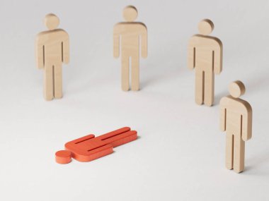 Kırmızılı ahşap figür ve beyaz bir adam figürü..