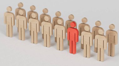 Beyaz arka planda duran ahşap insanlar, konsept 3 boyutlu illüstrasyon.