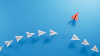 Mavi gökyüzünde uçan kağıt uçaklar. Liderlik ve liderlik kavramları. 3d oluşturma.