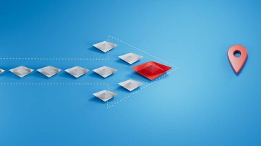 Kırmızı kağıt tekne, beyaz teknenin arasından gideceği yere gidiyor. İş öncü botu, Lider bot, takım çalışması, mavi arkaplanda 3D görüntülemeye başlayın..