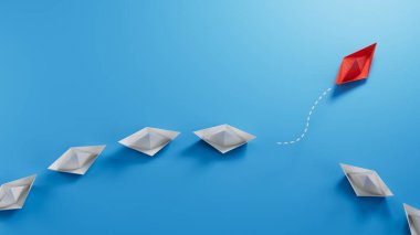 Yeni fikirler için iş yaratıcılık, yenilikçi ve çözüm kavramları. Mavi kağıttan bir grup bir yönde ve bir kırmızı kağıttan tekne mavi arka planda farklı şekillerde 3D görüntüler gösteriyor..