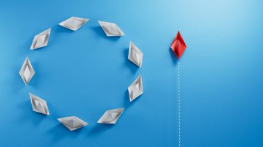Bir grup beyaz kağıt tekne daireler çizerek uçuyor ve bir kırmızı kağıt tekne de farklı yönleri işaret ediyor. Yeni fikirler için iş yaratıcılık, yenilikçi ve çözüm kavramı mavi arkaplanda 3D canlandırma.