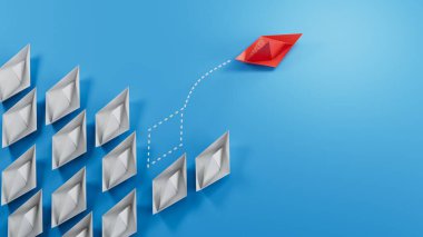 Bir grup mavi kağıttan tekne ve bir tanesi de ters yönde hareket eden kırmızı tekne. Bağımsız kişilik kavramı ve mavi arkaplandaki 3D etkisinden kurtulma kavramı..