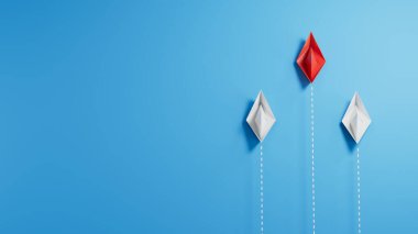 Kırmızı kağıt tekneli öncü gemi kavramı mavi arka planda beyazlar arasında yol alıyor. Kopya uzay. Yeni fikirler. Kağıt sanatı. yaratıcı fikir. Mavi arkaplanda 3D görüntüleme.