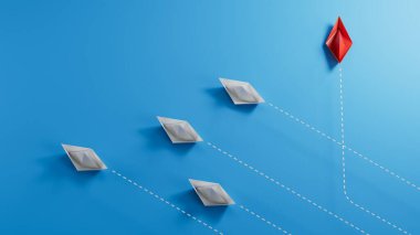 Küçük gemiler ve kırmızı gemi, kağıt üzerinde farklı bir yaklaşımı sembolize ediyor. Yeni fikirler. Kağıt sanatı. yaratıcı fikir. Mavi arkaplanda 3D görüntüleme.