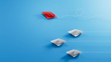 Kırmızı kağıt tekne mavi arka planda diğerlerinden farklıdır. Farklı düşün. Yenilikçi, çözüm kavramları için iş mavi arka planda 3D canlandırma.