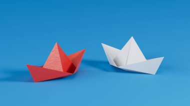 Farklı iş anlayışı. Yeni fikirler. Kağıt sanatı. Yaratıcı fikir. Kırmızı ve beyaz kağıt tekne. Liderlik kavramı 3D mavi arkaplan üzerinde canlandırma.