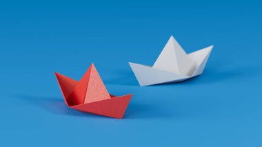 Farklı iş anlayışı. Yeni fikirler. Kağıt sanatı. Yaratıcı fikir. Kırmızı ve beyaz kağıt tekne. Liderlik kavramı 3D mavi arkaplan üzerinde canlandırma.