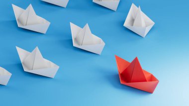 kavram 3D kağıt gemi zıt yönde izole siyah arka plan 3D görüntüleme mavi arkaplan.