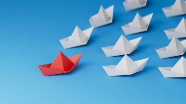 Liderlik kavramı. Kırmızı lider kağıt gemi mavi arka planda beyazlar arasında yol alıyor. Boşluk 3D görüntüsünü mavi arkaplana kopyala.