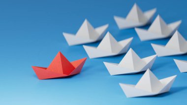 Farklı iş anlayışı. Yeni fikirler. Kağıt sanatı. Yaratıcı fikir. Liderlik konsepti, mavi öncü botlar beyaz botlar. Mavi arka planda 3D görüntüleme..