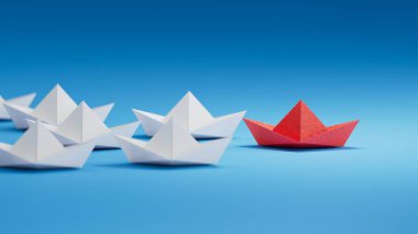Farklı iş anlayışı. Yeni fikirler. Kağıt sanatı. Yaratıcı fikir. Liderlik kavramı, beyaz teknelere öncülük eden kırmızı lider gemisi. Mavi arka planda 3D görüntüleme..