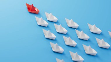 Farklı iş anlayışı. Yeni fikirler. Kağıt sanatı. Beyaz teknelerin arasında liderlik kavramı. Mavi arka planda 3 boyutlu..