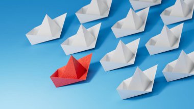 Kırmızı kağıt origami teknesi, beyaz teknelerin farklı yönlerine sahiptir. İş stratejisi ve fırsat kavramı mavi arkaplanda 3D görüntüleme.