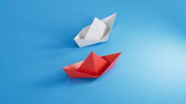 Farklı iş anlayışı. Yeni fikirler. Kağıt sanatı. Yaratıcı fikir. Kırmızı ve beyaz kağıt tekne. Liderlik kavramı 3D mavi arkaplan üzerinde canlandırma.