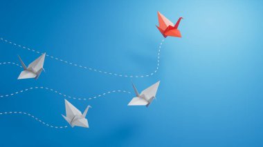 Kırmızı kağıt kuğu mavi arka planda diğerlerinden farklıdır. Farklı düşün. Yenilikçi, çözüm kavramları için iş mavi arka planda 3D canlandırma.