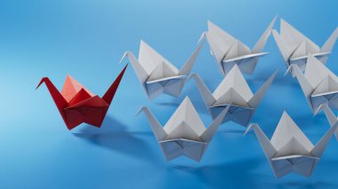 Farklı iş anlayışı. Yeni fikirler. Kağıt sanatı. Yaratıcı fikir. Lider kuğu konsepti, mavi lider kuğu önde gelen beyaz kuğular. Mavi arka planda 3D görüntüleme..