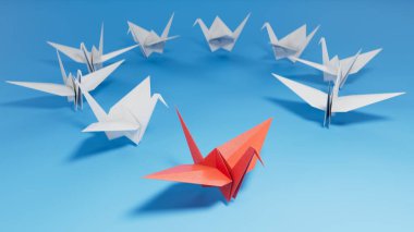 Beyaz kağıt kuğular bir daire içinde uçar ve kırmızı bir kuğu farklı bir yöne yönelir. Yeni fikirler için iş yaratıcılık, yenilikçi ve çözüm kavramı mavi arkaplanda 3D canlandırma.