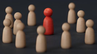 İki şirket ve bir işletme arasındaki anlaşmazlık, mavi ve kırmızılı liderlerin rekabeti, bir grup çalışanı rekabete sürüklüyor, siyah arka plandaki personel alımı 3D.