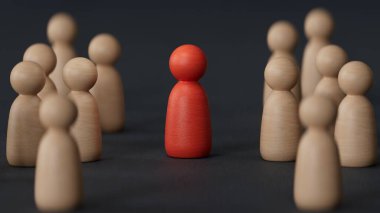 Kalabalıktan öne çıkan bir kişi ile birlikte iş ekibi liderliği. Motivasyon konuşması. Siyah arka planda 3D tasviri..