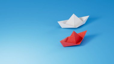 Farklı iş anlayışı. Yeni fikirler. Kağıt sanatı. Yaratıcı fikir. Kırmızı ve beyaz kağıt tekne. Liderlik kavramı 3D mavi arkaplan üzerinde canlandırma.