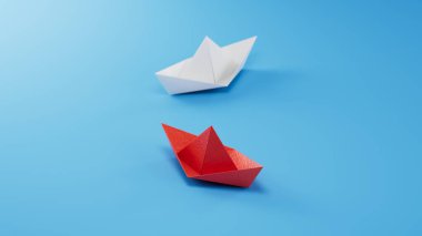 Farklı iş anlayışı. Yeni fikirler. Kağıt sanatı. Yaratıcı fikir. Kırmızı ve beyaz kağıt tekne. Liderlik kavramı 3D mavi arkaplan üzerinde canlandırma.