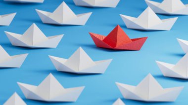 Farklı iş anlayışı. Yeni fikirler. Kağıt sanatı. yaratıcı fikir. Kırmızı lider botu, beyaz tekne kalabalığının önünde duruyor. Mavi arka planda 3D görüntüleme..