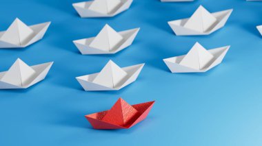 Farklı iş anlayışı. Yeni fikirler. Kağıt sanatı. Beyaz teknelerin arasında liderlik kavramı. Mavi arka planda 3 boyutlu..